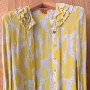 Size 4: Tory Burch Yellow/White Leaf Print Silk Ruffle Neck Blouse